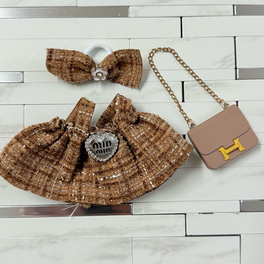 Brown Tweed dress, bow and bag bundle for Pop marts Labubu doll 3 pc set